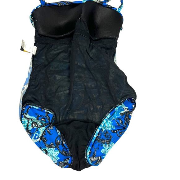 Robby Len One-Piece Swimsuit Blue Black Paisley Print Ruched Soft Cup Women's 10 - Picture 11 of 12
